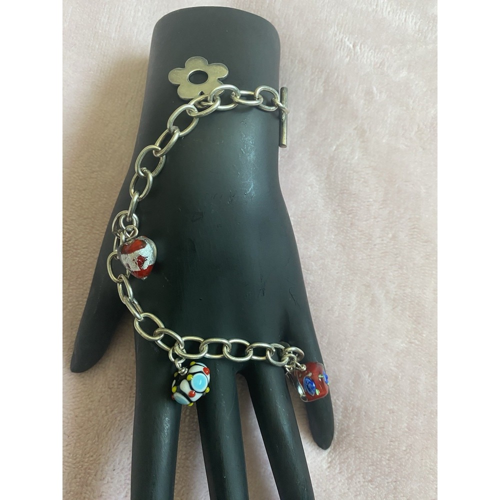 Vintage Milano 2000's Murano Glass Multi Color Charms Sterling Silver Bracelet